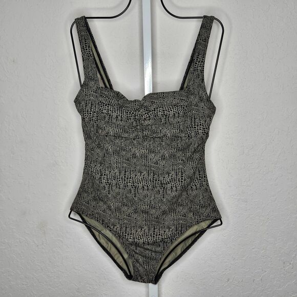 Calvin Klein Black Beige Crocodile Print Ruched One Piece Swimsuit Size 10 - Picture 1 of 5